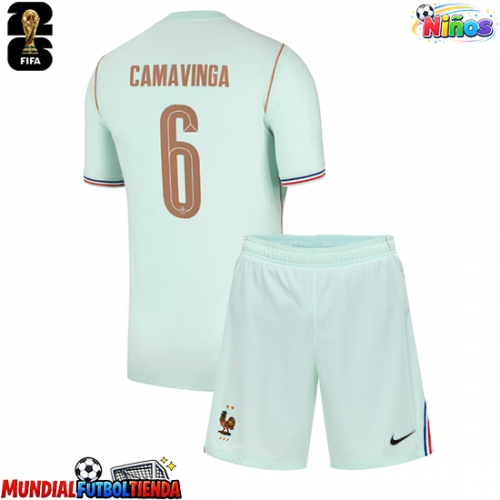 Camiseta Francia Eduardo Camavinga #6 Segunda Equipación Replica Mundial 2026 para niños mangas cortas (+ Pantalones cortos)